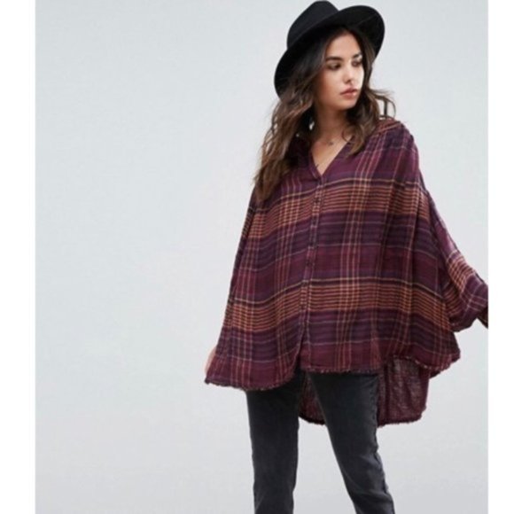 FREE PEOPLE COME OVER PLAID FLANNEL WINE M - Picture 9 of 9